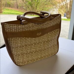 Source Unknown Beige Woven Tote with Brown Trim and Handles